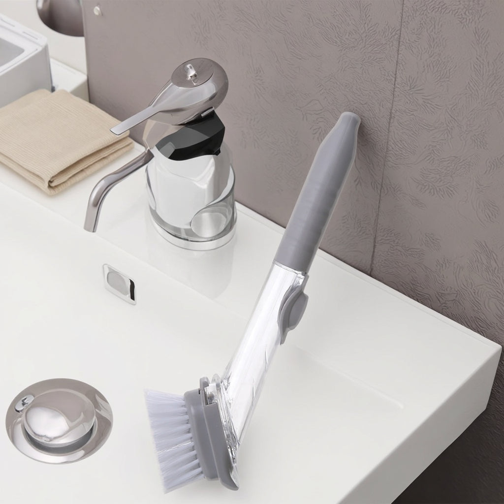 Long Handle Dishwashing Brush with Soap Dispenser – Kitchen Cleaning Brush with Sponge Scourer | Durable Handheld Scrubber for Sink & Dishes