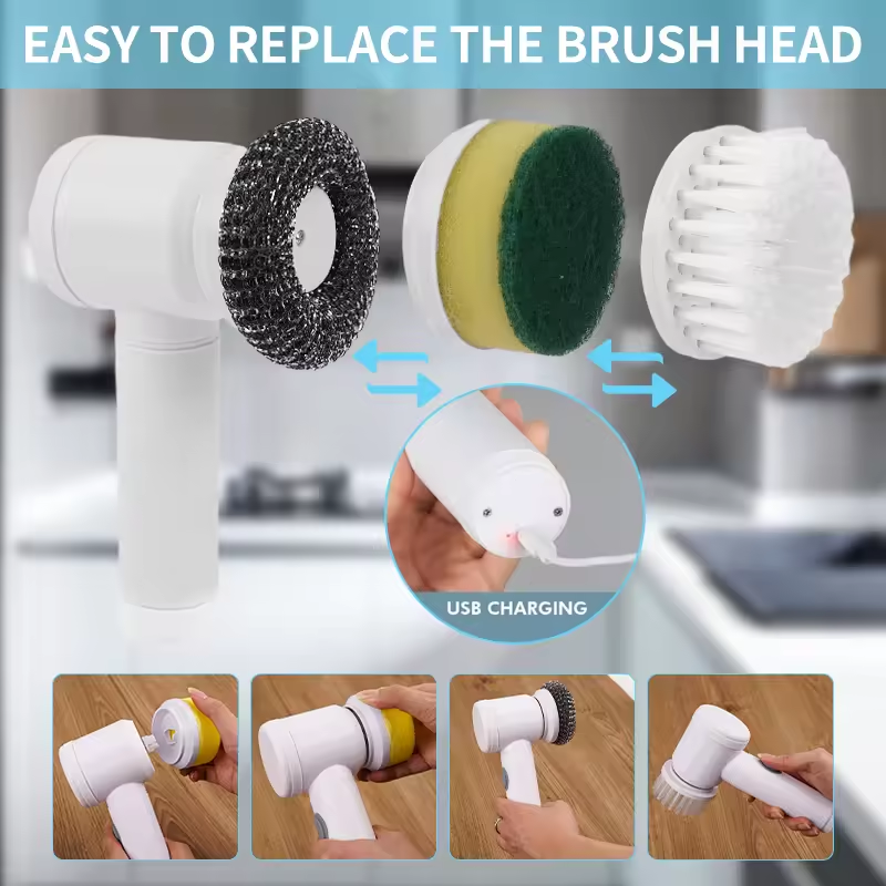 Cepillo de limpieza eléctrico giratorio 5 en 1 – Resistente al agua IPX6, 17000 RPM | Cepillo mágico recargable por USB para cocina y hogar